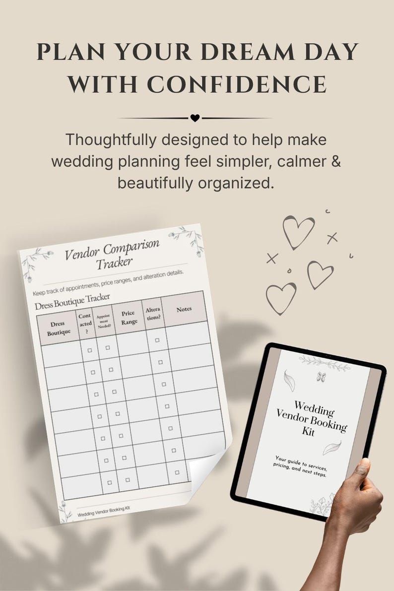 K&ouml;nnte beinhalten: Ein Hochzeitsanbieter-Buchungsset mit einem gedruckten Anbieter-Vergleichs-Tracker mit Spalten f&uuml;r Brautmodengesch&auml;ft, Kontakt, Termin, Preisspanne, &Auml;nderungen und Notizen sowie einem Tablet mit dem Titel Wedding Vendor Booking Kit.