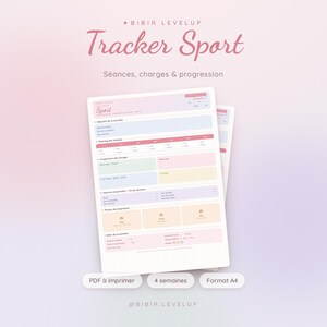 May include: A printable A4 sports tracker document titled Bibir Levelup Tracker Sport, featuring sections for weekly goals, workout planning, weight progression, body measurements, and progress photos with a soft pastel color palette.