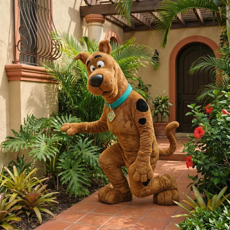 May include: A brown Scooby-Doo costume with a black spot, a turquoise collar, and a tag. The character is kneeling on a brick walkway surrounded by tropical plants and flowers. The background includes a building with a wooden door.