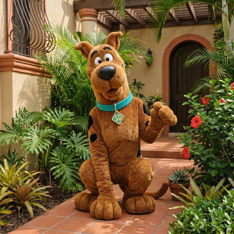 May include: A brown Scooby-Doo costume with black spots, a turquoise collar, and a diamond-shaped tag. The character is sitting on a brick patio surrounded by lush green plants and red flowers.