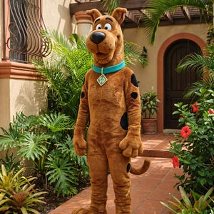 May include: A full-body brown Scooby-Doo costume with black spots, a turquoise collar, and a matching tag. The costume is standing on a brick walkway surrounded by tropical plants and flowers.