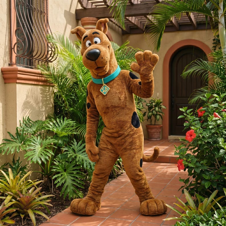 May include: A full-body costume of Scooby-Doo, a cartoon dog, stands on a brick patio surrounded by lush greenery. The brown costume features black spots, a turquoise collar with a diamond-shaped tag, and large, padded feet. The character is waving.