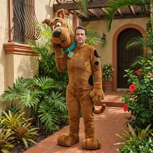 May include: A brown Scooby-Doo costume with black spots and a tail. The costume includes a large headpiece and a turquoise collar with a diamond-shaped tag. The person is standing outside near tropical plants.