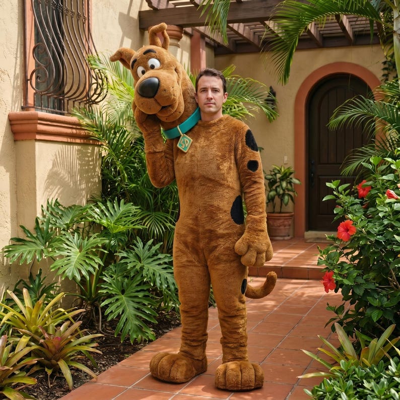 May include: A brown Scooby-Doo costume with black spots and a tail. The costume includes a large headpiece and a turquoise collar with a diamond-shaped tag. The person is standing outside near tropical plants.