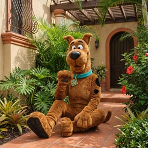 May include: A brown Scooby-Doo costume with a black spot, blue collar, and a tag. The costume is sitting on a red brick surface, surrounded by green plants and flowers. The background includes a building with a wooden pergola.