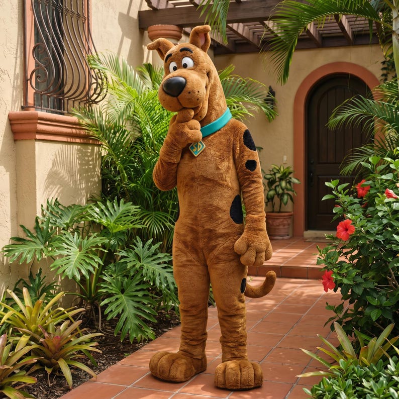 May include: A full-body costume of the cartoon character Scooby-Doo, in a brown fur-like material. The costume features black spots, a blue collar with a diamond-shaped tag, and large, padded feet. The character is standing on a brick patio, surrounded by lush greenery.