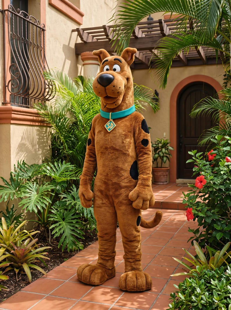 May include: A full-body costume of Scooby-Doo, the cartoon dog, standing on a brick patio. The brown costume has black spots and large feet. The dog wears a turquoise collar with a diamond-shaped tag.