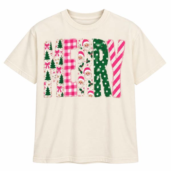 Pink Christmas Merry Patchwork Graphic Tee – Ivory