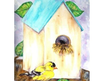 Impresión de acuarela de casa de pájaros de jilguero, arte animal