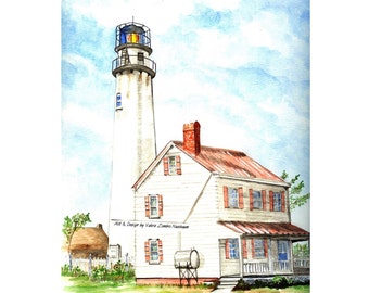 Fenwick Island Lighthouse Watercolor Print, Delaware Seashore Art, Beach Home Decor Painting, Ocean City, Maryland Picture