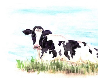 Cow Watercolor Print, Black and White Holstein Farm Animal Art