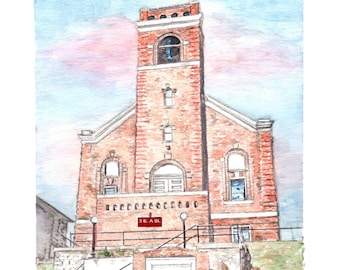 May include: Watercolor painting of a brick church with a bell tower. The church has a sign that reads "First Baptist, Sunday Worship, All Welcome".