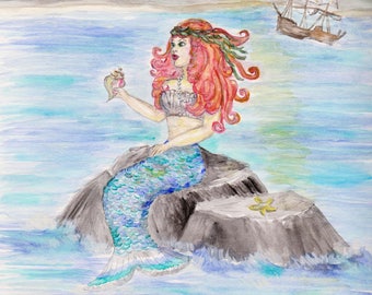 Mermaid Watercolor Print, Siren of the Sea Painting, Nautical Girls Decor, Ocean Wall Art, Galleon Ship Picture, Mythical Fish Woman Legend