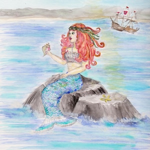 Mermaid Watercolor Print, Siren of the Sea Painting, Nautical Girls Decor, Ocean Wall Art, Galleon Ship Picture, Mythical Fish Woman Legend