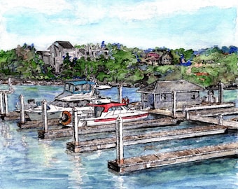 Maryland Eastern Shore Art, Kent Island Marina Watercolor, Kent Narrows Boat Docks Painting, Chesapeake Bay Waterscape Print, Cabin Cruisers