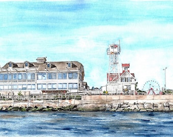 Ocean City Maryland Watercolor Print, Boardwalk Painting, Inlet View, Harbor Restaurant, Lifesaving Station Museum, Pier Ferris Wheel, Jetty