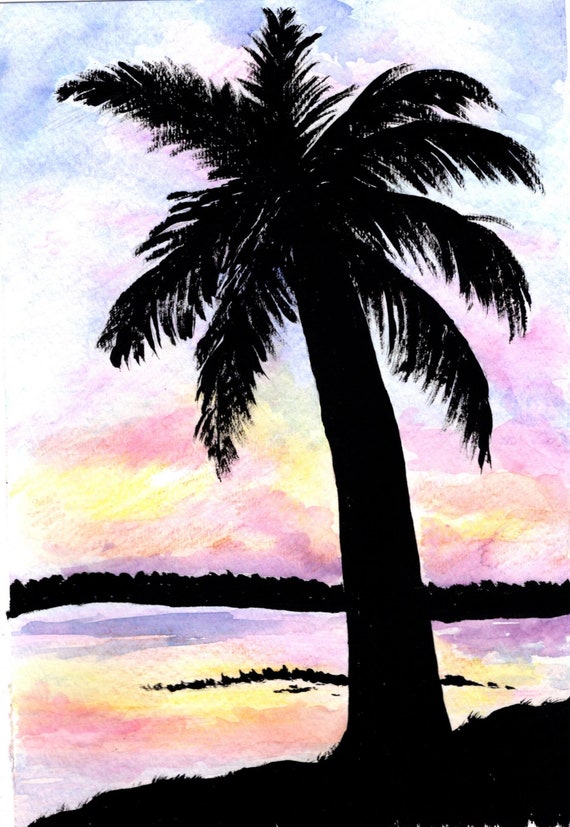 Palm Tree Silhouette Watercolor Print Pastel Colors Beach | Etsy