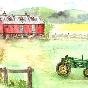 May include: A watercolor painting of a red barn with a green tractor in front of it. The barn has a white roof and a stone foundation. The tractor is a classic model with a large front tire and a smaller rear tire. The scene is set in a rural setting with a wooden fence and green grass.