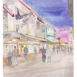 Ocean City Maryland Watercolor Print: Boardwalk at Night, Eastern Shore Art