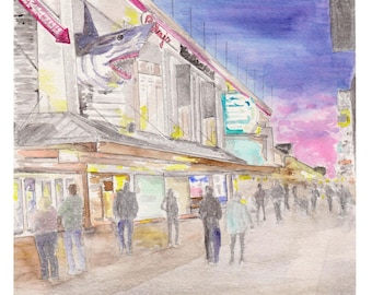 Ocean City Maryland Watercolor Print, Boardwalk At Night Painting, Eastern Shore Picture, Seashore Vacation, Pier Amusements, Inlet Arcade