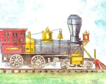 May include: A watercolor painting of a red, yellow, and blue train engine on a track. The engine has a large smokestack and a bell. The train is on a track with green grass and a blue sky in the background.