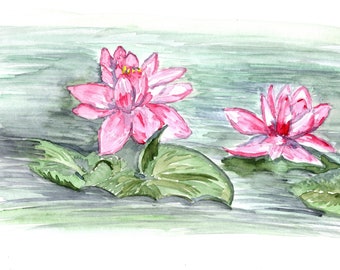 Water Lilies Watercolor Print, Pondscape Painting, Floral Art