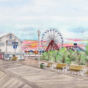 Ocean City Maryland Watercolor Print, Boardwalk Scene