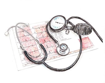 Medical Tools Watercolor Print, Stethoscope, Blood Pressure Monitor, EKG, Gift for Essential Workers