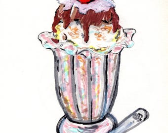 Impresión en acuarela de helado con salsa de chocolate caliente, impresión mate de postre helado