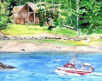 Alaska Art, Ketchikan Watercolor Print, Alaska Shoreline with Boat, Cabin, Water and Mountains, Salmon Fishing Land and Seascape Picture