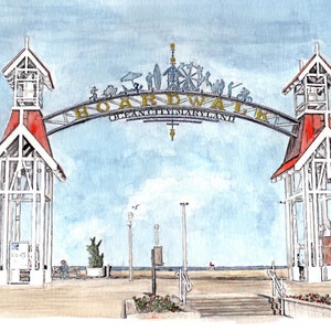 Ocean City, Maryland, Boardwalk Arch Watercolor Print, Seashore Painting, Beach Art