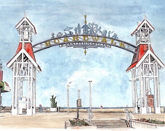 Ocean City, Maryland, Boardwalk Arch Watercolor Print, Seashore Painting, Beach Art