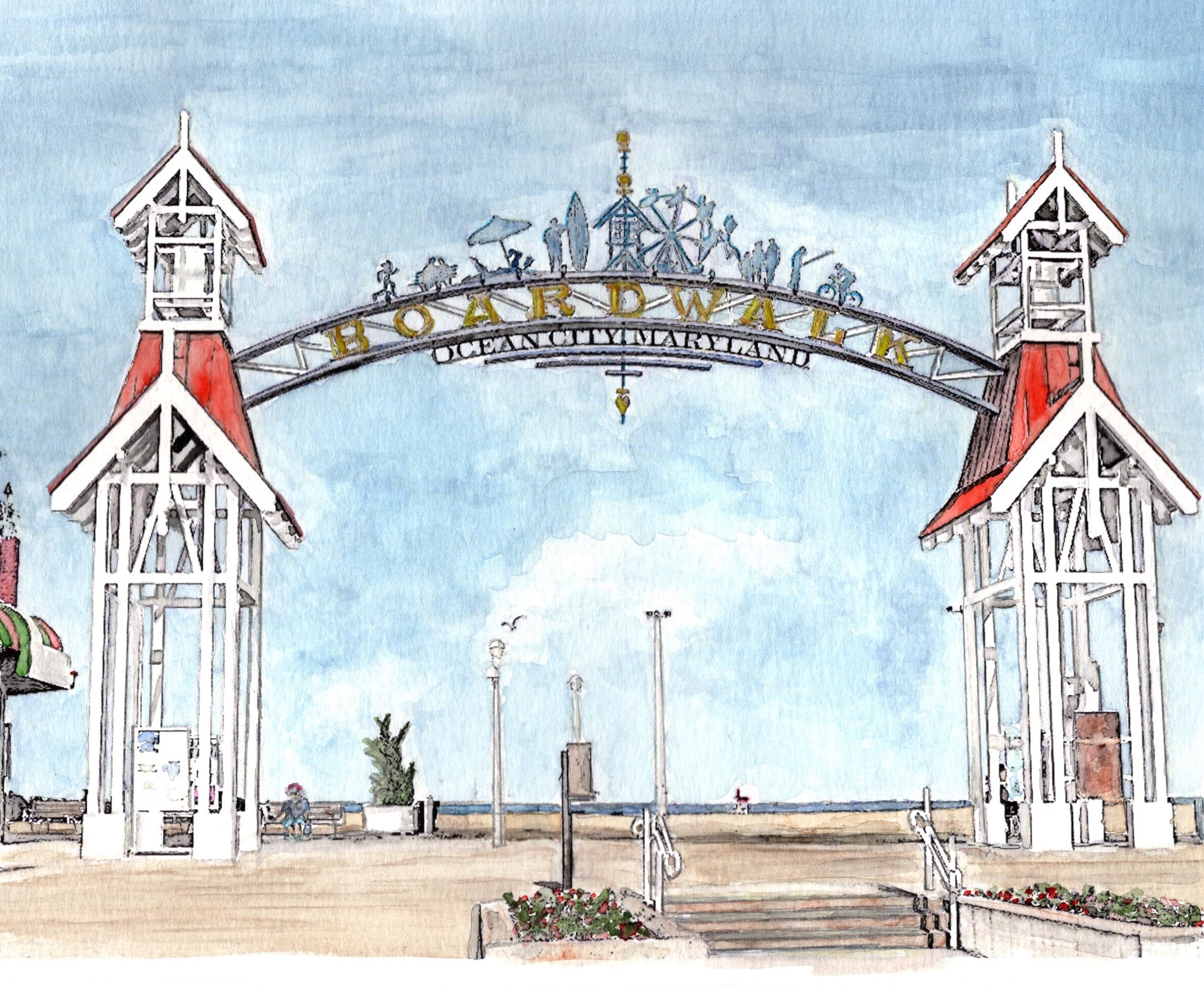 Ocean City Maryland Boardwalk Arch Watercolor Print pic