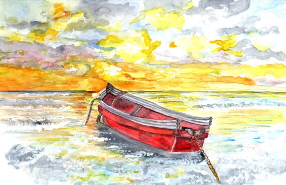 Fishing Boat on the Water at Sunrise Watercolor Print, Ocean Art, Seashore  Morning -  Canada