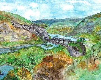 Harpers Ferry, West Virginia, Watercolor Print, Historical Painting, Bridge, Train Tracks, Tunnel, Potomac River, Home Decor Wall Art