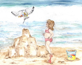 Ocean City Maryland Watercolor Print, Young Girl on Beach with Sandcastle and Seagull Painting, Seashore Home Decor, Summer Vacation Art