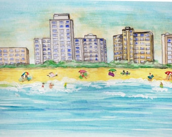 Ocean City, Maryland Art, Beach Vacation Watercolor, Hotel Skyline Picture, Atlantic Ocean Print, Summer Seascape, East Coast