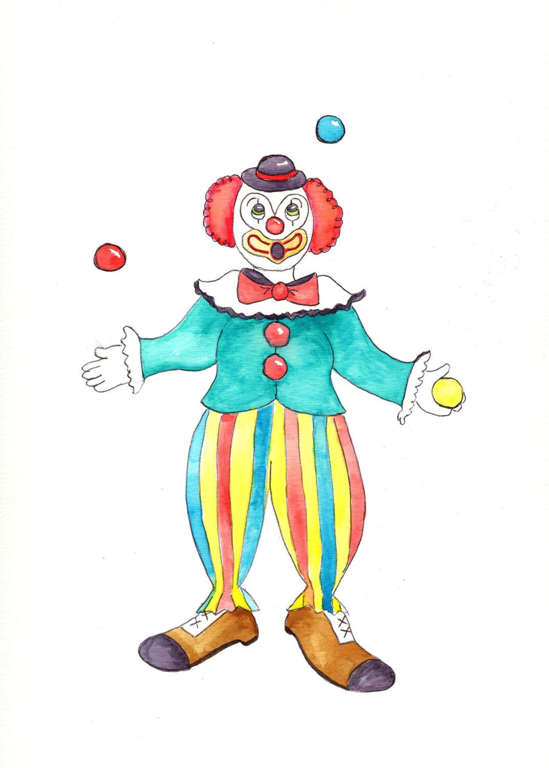 Clown Watercolor Print, Juggling Circus Act Original Painting, Art for