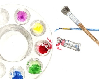 Paint and Brushes Watercolor Print, Artist Tools, Painters Palette Original Painting, Paintbrush Home Decor, Art Supplies