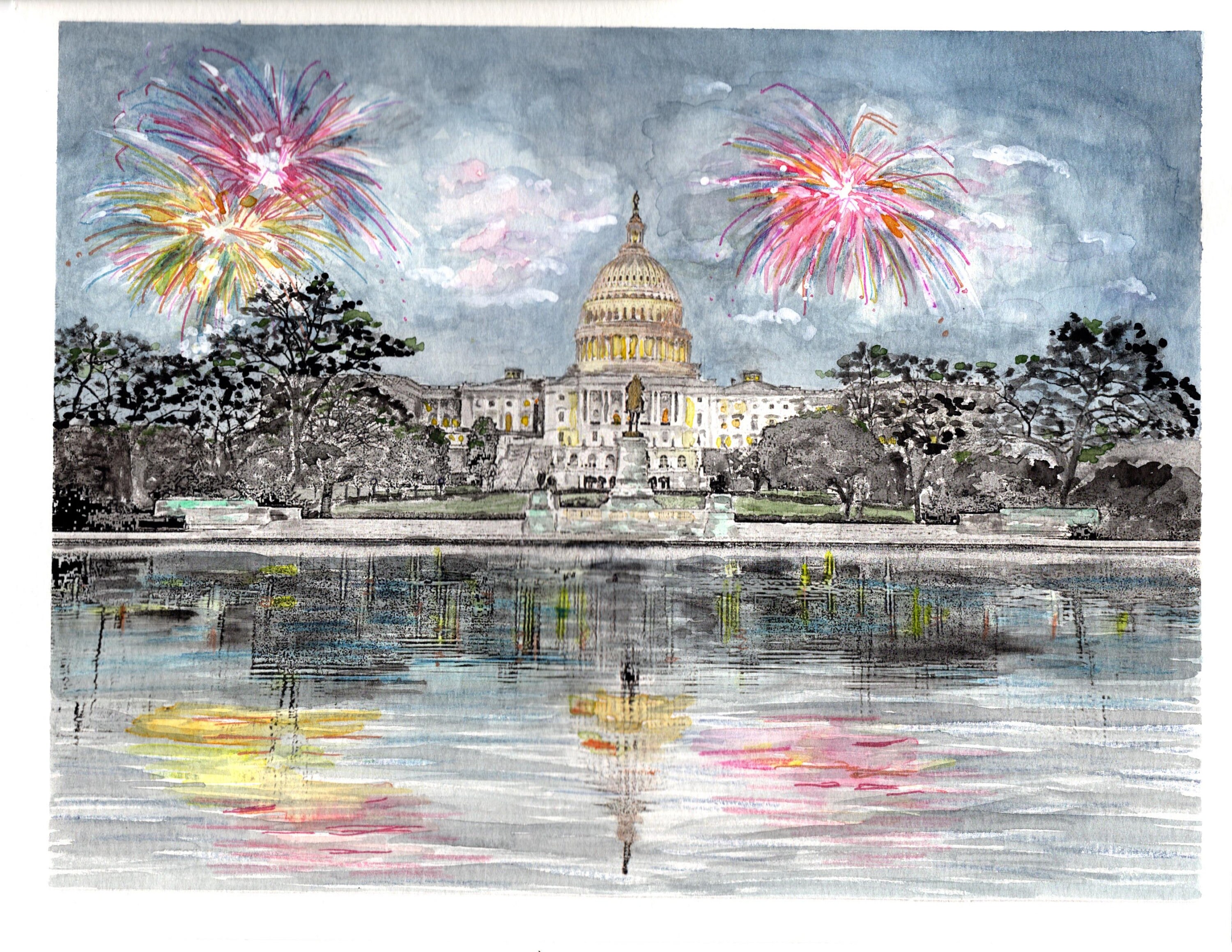 Nation's Capitol Fireworks Watercolor Print D.C. Capitol Etsy