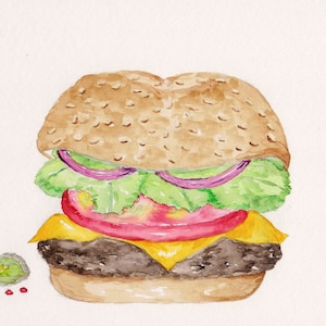 Cheeseburger Watercolor Print, Hamburger Painting, Picnic Sandwich Food Art, Kitchen Dining Decor, Barbecue Picture, Sesame Seed Bun