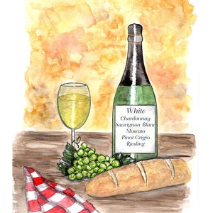 White Wine Bottle and Glass Watercolor Print, Kitchen Art