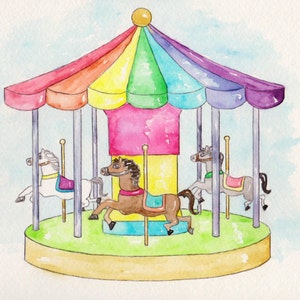 Carousel Horse Watercolor Print: Rainbow Carnival Art for Kids Room