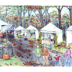 Fall Festival Print of Original Watercolor Painting, Home Decor Autumn Leaf Foliage, Colorful leaves and pumpkins, Craft show