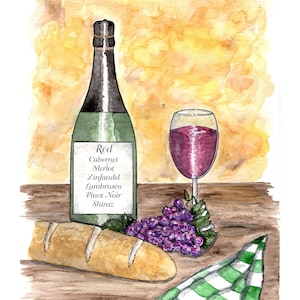 Red Wine Bottle and Glass Watercolor Print, Kitchen Art