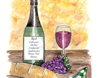 Red Wine Bottle and Glass Watercolor Print, Kitchen Art