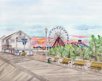 Ocean City Maryland Boardwalk Print, Beach Art, Seashore Painting, Watercolor Carousel, Amusement Park Pier, Ferris Wheel, Rollercoaster