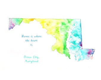 Maryland Art, Matted Fine Art Print of Original Abstract Watercolor Painting of State of Maryland Map