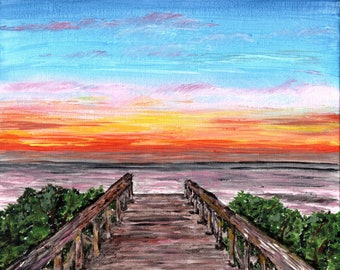 Sunset on the Bay Acrylic Painting, Beach Vacation Picture, Seashore Waterscape