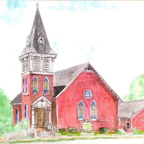Church Watercolor Print, St. James United Church of Christ Original Painting, Lovettsville, Virginia Art, Stained Glass Windows Home Decor
